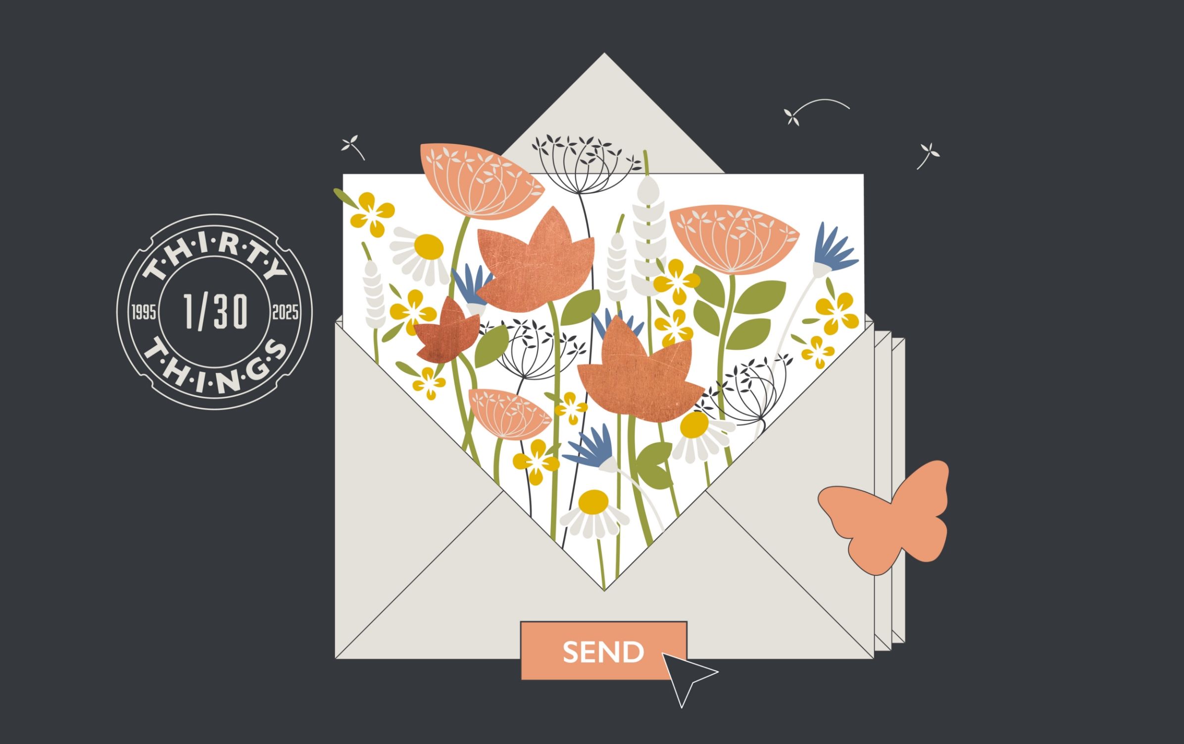 Graphic showing an open envelope with wildflowers on a white card with a 1 out of 30 things text - part of our 30th birthday celebrations for offessting our emails with wildflower meadow planting