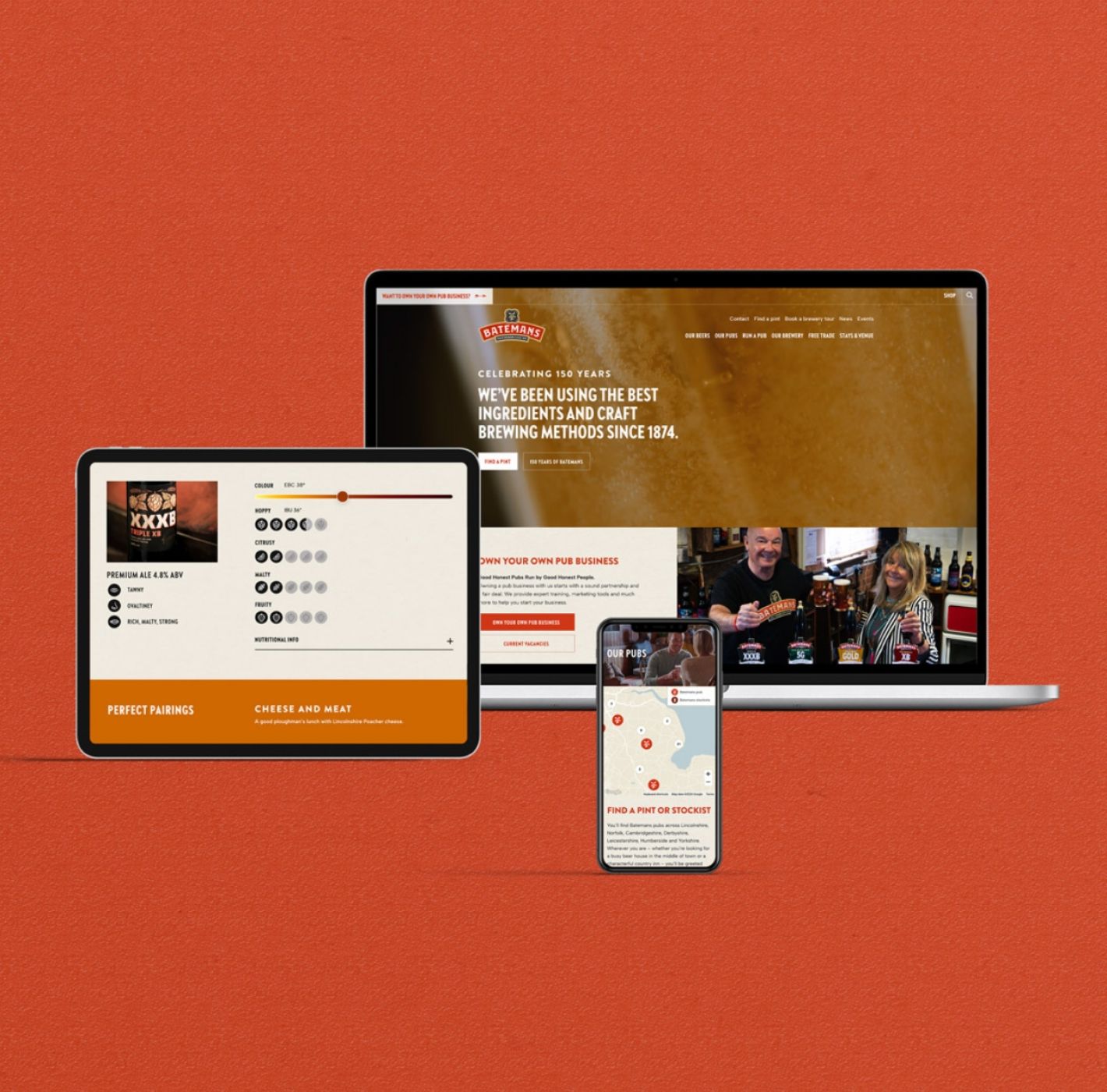 Banner image of Batemans Brewery website being shown across Tablet, Desktop and Mobile devices on an orange background