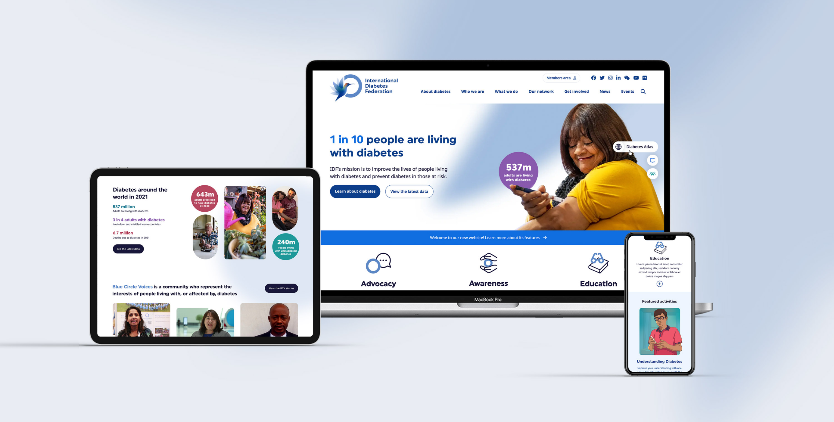 Full-width view of the International Diabetes Federation (IDF) website homepage highlighting the hummingbird identity, featured campaigns, navigation menu, and global advocacy messaging.