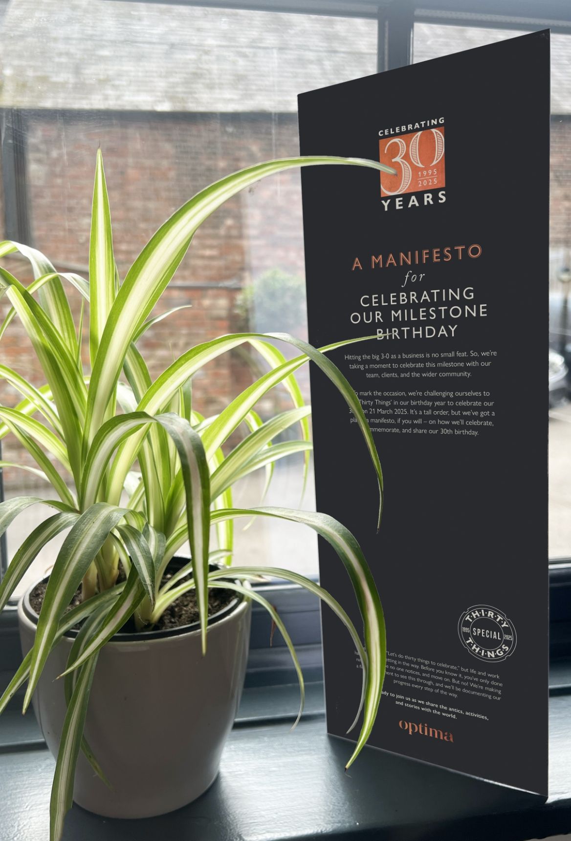 Image of our pub menu style manifesto for our 30 things for our 30th birthday blog on a windowsill with a spider plant in a pot next to it